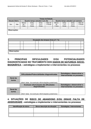 Agrupamento Vertical de Escolas D. Afonso Henriques – Plano de Turma ---º ciclo                Ano letivo 2012/2013




                                                Tempo de Estudo
  Estudo Diário               Quanto tempo estudam num dia                         Quanto tempo estudam por semana
                         Menos          Entre          Entre        Mais de       Menos      Entre        Entre       Mais de
   Sim        Não         de 1          1a2            2a3          3 Horas         de       1a2          2a3         3 Horas
                         Hora           Horas          Horas                      1 Hora     Horas        Horas

 Observações:




                                            Ocupação dos tempos livres (nº / %)




  Observações:




3.   PRINCIPAIS       DIFICULDADES        E/OU      POTENCIALIDADES
DIAGNOSTICADAS NO TRATAMENTO DOS DADOS DE NATUREZA SÓCIO-
BIOGRÁFICA – estratégias a implementar e intervenientes no processo


                                                                                           Estratégias a desenvolver e
                        Dificuldades/Potencialidades diagnosticadas
                                                                                           Intervenientes no processo
                       -
    Geral da
                       -
     turma             -
                       (referir datas de eventuais reformulações posteriores)
                            Eventuais reformulações das dificuldades                       Estratégias a desenvolver e
                                           diagnosticadas:                                 Intervenientes no processo
                       -
    Geral da
                       -
     turma             -
                       (referir datas de eventuais reformulações posteriores)


4. SITUAÇÕES DE RISCO DE ABANDONO E/OU GRAVE FALTA DE
ASSIDUIDADE - estratégias a implementar e intervenientes no processo
         Identificação do aluno                  Breve descrição da situação               Estratégias / intervenientes
 