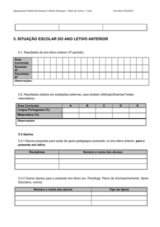 Agrupamento Vertical de Escolas D. Afonso Henriques – Plano de Turma ---º ciclo         Ano letivo 2012/2013




5. SITUAÇÃO ESCOLAR DO ANO LETIVO ANTERIOR


    5.1. Resultados do ano letivo anterior (3º período)

 Área
 Curricular
 Sucesso
 Nº
 Insucesso
 Nº
 Observações:




    5.2. Resultados obtidos em avaliações externas, caso existam (Aferição/Exames/Testes
    intermédios)

    Área Curricular                                     A                B        C           D                E
    Língua Portuguesa (%)
    Matemática (%)
    Observações:




    5.3 Apoios

    5.3.1 Alunos propostos para aulas de apoio pedagógico acrescido, no ano letivo anterior, para o
    presente ano letivo

               Disciplinas                                            Número e nome dos alunos:




    5.3.2 Outros Apoios para o presente ano letivo (ex: Psicóloga, Plano de Acompanhamento, Apoio
    Educativo, outros)

                    Número e nome dos alunos                                          Tipo de Apoio
 