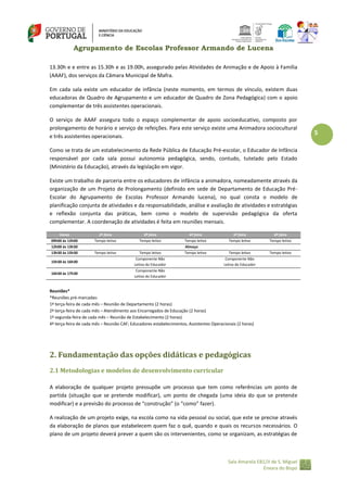 Agrupamento de Escolas Professor Armando de Lucena
13.30h e e entre as 15.30h e as 19.00h, assegurado pelas Atividades de Animação e de Apoio à Família
(AAAF), dos serviços da Câmara Municipal de Mafra.
Em cada sala existe um educador de infância (neste momento, em termos de vínculo, existem duas
educadoras de Quadro de Agrupamento e um educador de Quadro de Zona Pedagógica) com o apoio
complementar de três assistentes operacionais.
O serviço de AAAF assegura todo o espaço complementar de apoio socioeducativo, composto por
prolongamento de horário e serviço de refeições. Para este serviço existe uma Animadora sociocultural
e três assistentes operacionais.
Como se trata de um estabelecimento da Rede Pública de Educação Pré-escolar, o Educador de Infância
responsável por cada sala possui autonomia pedagógica, sendo, contudo, tutelado pelo Estado
(Ministério da Educação), através da legislação em vigor.
Existe um trabalho de parceria entre os educadores de infância a animadora, nomeadamente através da
organização de um Projeto de Prolongamento (definido em sede de Departamento de Educação PréEscolar do Agrupamento de Escolas Professor Armando lucena), no qual consta o modelo de
planificação conjunta de atividades e da responsabilidade, análise e avaliação de atividades e estratégias
e reflexão conjunta das práticas, bem como o modelo de supervisão pedagógica da oferta
complementar. A coordenação de atividades é feita em reuniões mensais.
Horas
09h00 às 12h00
12h00 às 13h30
13h30 às 15h30
15h30 às 16h30
16h30 às 17h30

2ª feira
Tempo letivo

3ª feira
Tempo letivo

Tempo letivo

Tempo letivo
Componente Não
Letiva do Educador
Componente Não
Letiva do Educador

4ª feira
Tempo letivo
Almoço
Tempo letivo

5ª feira
Tempo letivo

6ª feira
Tempo letivo

Tempo letivo
Componente Não
Letiva do Educador

Tempo letivo

Reuniões*
*Reuniões pré‐marcadas:
1ª terça-feira de cada mês – Reunião de Departamento (2 horas)
2ª terça-feira de cada mês – Atendimento aos Encarregados de Educação (2 horas)
1ª segunda-feira de cada mês – Reunião de Estabelecimento (2 horas)
4ª terça-feira de cada mês – Reunião CAF; Educadores estabelecimentos; Assistentes Operacionais (2 horas)

2. Fundamentação das opções didáticas e pedagógicas
2.1 Metodologias e modelos de desenvolvimento curricular
A elaboração de qualquer projeto pressupõe um processo que tem como referências um ponto de
partida (situação que se pretende modificar), um ponto de chegada (uma ideia do que se pretende
modificar) e a previsão do processo de “construção” (o “como” fazer).
A realização de um projeto exige, na escola como na vida pessoal ou social, que este se precise através
da elaboração de planos que estabelecem quem faz o quê, quando e quais os recursos necessários. O
plano de um projeto deverá prever a quem são os intervenientes, como se organizam, as estratégias de

Sala Amarela EB1/JI de S. Miguel
Enxara do Bispo

5

 