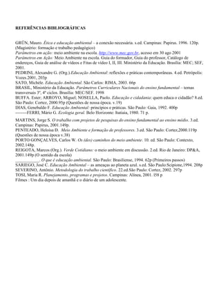 REFERÊNCIAS BIBLIOGRÁFICAS


GRÜN, Mauro. Ética e educação ambiental – a conexão necessária. s.ed. Campinas: Papirus. 1996. 120p.
(Magistério: formação e trabalho pedagógico)
Parâmetros em ação: meio ambiente na escola. http://www.mec.gov.br, acesso em 30 ago 2001
Parâmetros em Ação: Meio Ambiente na escola. Guia do formador, Guia do professor, Catálogo de
endereços, Guia de análise de vídeos e Fitas de vídeo I, II, III. Ministério da Educação. Brasília: MEC; SEF,
2001.
PEDRINI, Alexandre G. (Org.).Educação Ambiental: reflexões e práticas contemporâneas. 4.ed. Petrópolis:
Vozes.2001, 203p
SATO, Michèle. Educação Ambiental. São Carlos: RIMA, 2003. 66p
BRASIL, Ministério da Educação. Parâmetros Curriculares Nacionais do ensino fundamental – temas
transversais 3º, 4º ciclos. Brasília: MEC/SEF. 1998
BUFFA. Ester; ARROYO, Miguel; NOSELLA, Paolo. Educação e cidadania: quem educa o cidadão? 8.ed.
São Paulo: Cortez, 2000.95p (Questões de nossa época. v.19)
DIAS, Genebaldo F. Educação Ambiental: princípios e práticas. São Paulo: Gaia, 1992. 400p
--------FERRI, Mário G. Ecologia geral. Belo Horizonte: Itatiaia, 1980. 71 p.
MARTINS, Jorge S. O trabalho com projetos de pesquisas do ensino fundamental ao ensino médio. 3.ed.
Campinas: Papirus, 2001.149p.
PENTEADO, Heloísa D. Meio Ambiente e formação de professores. 3.ed. São Paulo: Cortez,2000.119p
(Questões de nossa época v.38)
PORTO GONÇALVES, Carlos W. Os (des) caminhos do meio ambiente. 10. ed. São Paulo: Contexto,
2002.148p.
REIGOTA, Marcos (Org.). Verde Cotidiano: o meio ambiente em discussão. 2.ed. Rio de Janeiro: DP&A,
2001.149p (O sentido da escola)
___________. O que é educação ambiental. São Paulo: Brasiliense, 1994. 62p (Primeiros passos)
SARIEGO, José C. Educação Ambiental – as ameaças ao planeta azul. s.ed. São Paulo:Scipione,1994. 208p
SEVERINO, Antônio. Metodologia do trabalho científico. 22.ed.São Paulo: Cortez, 2002. 297p
TOSI, Maria R. Planejamento, programas e projetos. Campinas: Alínea, 2001. l58 p
Filmes : Um dia depois de amanhã e o diário de um adolescente.
 