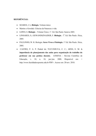 REFERÊNCIAS:

    SOARES, J. L. Biologia. Volume único
    Martins e Gowdak. Ciências da Natureza e vida.
    LOPES, S. Biologia – Volume Único. 1°. Ed. São Paulo: Saraiva 2005.
    LINHARES, S.; GEWANDSZNAJDER, F. Biologia. 10. Ed. São Paulo: Ática,
    2005.
    PAULINHO, W. R. Biologia: Seres Vivos e Fisiologia. 1° Ed. São Paulo. Ática,
    2005.
     CASTRO, P. A. P. Penkal de; TUCUNDUVA, C. C.; ARNS, E. M. A
    importância do planejamento das aulas para organização do trabalho do
    professor em sua prática docente.        ATHENA - Revista Científica de
    Educação,    v.   10,   n.   10,   jan./jun.     2008.   Disponível   em:   <
    http://www.faculdadeexpoente.edu.br PDF>. Acesso em: 20 nov. 2010.
 