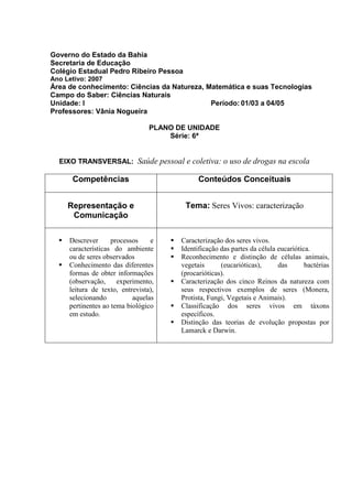 Governo do Estado da Bahia
Secretaria de Educação
Colégio Estadual Pedro Ribeiro Pessoa
Ano Letivo: 2007
Área de conhecimento: Ciências da Natureza, Matemática e suas Tecnologias
Campo do Saber: Ciências Naturais
Unidade: I Período: 01/03 a 04/05
Professores: Vânia Nogueira
PLANO DE UNIDADE
Série: 6ª
EIXO TRANSVERSAL: Saúde pessoal e coletiva: o uso de drogas na escola
Competências Conteúdos Conceituais
Representação e
Comunicação
Tema: Seres Vivos: caracterização
 Descrever processos e
características do ambiente
ou de seres observados
 Conhecimento das diferentes
formas de obter informações
(observação, experimento,
leitura de texto, entrevista),
selecionando aquelas
pertinentes ao tema biológico
em estudo.
 Caracterização dos seres vivos.
 Identificação das partes da célula eucariótica.
 Reconhecimento e distinção de células animais,
vegetais (eucarióticas), das bactérias
(procarióticas).
 Caracterização dos cinco Reinos da natureza com
seus respectivos exemplos de seres (Monera,
Protista, Fungi, Vegetais e Animais).
 Classificação dos seres vivos em táxons
específicos.
 Distinção das teorias de evolução propostas por
Lamarck e Darwin.
 