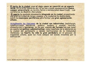 •    El norte de la ciudad, pues el viejo cauce se convirtió en un espacio
                      ciudad
     verde. En la orilla izquierda del río se han creado equipamientos (nuevo
     campus universitario, un recinto ferial e instalaciones deportivas). - Las
     carreteras de Madrid y Barcelona.
•     El puerto ha quedado plenamente integrado en la ciudad, presentando
     una gran actividad de carga y pasaje, y la ciudad se ha desbordado
     sobre los municipios periféricos para formar una gran aglomeración
     urbana.
     Actualmente las funciones de la ciudad son industriales (metalurgia,
     construcciones mecánicas, química, madera y mueble, textiles,
     alimentación) y terciarias, en las que, además del turismo hay que tener
     en cuenta las político-administrativas, como resultado de la ubicación en
     la ciudad del parlamento y demás instituciones de la Comunidad
     Autónoma. La huerta ha sido la gran perdedora en el proceso de
     expansión urbana, pues los ricos campos van siendo invadidos por la
     edificación




Fuente: MUÑOZ–DELGADO, Mª Concepción, Selectividad Geografía LOGSE. Pruebas de 1999, Ed. Anaya, Madrid, 2000.
 