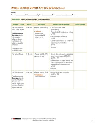 Drama; Almeida Garrett, Frei Luís de Sousa                                                                                     (cont.)

Escola: ______________________________________________________________________________________________________________________________________________________________________
Turma: _________________________ N.O: ________________________ Lição n.O: ________________________ Data: _____________ / _____________ /_____________ Tempo:


  Conteúdos: Drama; Almeida Garrett, Frei Luís de Sousa


   Unidade / Tema                         Aulas                        Recursos                                Estratégias/atividades                                      Observações

 Frei Luís de Sousa                    1 – 90 min.          • Manual (pp. 161 a 163)                  • Leitura das cenas IX a XII
 Ato III, cenas IX a XII                                                                                (pp. 161 a 163)
                                                            • CD Áudio:                               • Proposta de Orientação de leitura
 Funcionamento                                                Dramatização                              (p. 163)
 da Língua: verbo;                                            das cenas XI e XII
 estrutura das                                                Faixas 14 e 15                          • Funcionamento da Língua
 palavras; classes                                                                                      (p. 163)
 e subclasses de                                                                                      • Escrita: elaboração de um texto
 palavras; relações                                                                                     expositivo-argumentativo
 sintáticas                                                                                             (p. 163)
                                                                                                      • Sumário
 Textos expositivo-
 -argumentativos

 Frei Luís de Sousa                    1 – 90 min.          • Manual (pp. 166 a 174)                  • Síntese dos principais aspetos da
                                                            • Manual (p. 180)                           obra – remeter para APRENDER
                                                                                                        (pp. 166 a 174)
                                                                                                      • Oficina de escrita: elaboração de um
                                                                                                        sketch (monólogo) de tema livre,
                                                                                                        segundo o modelo apresentado
                                                                                                        (p. 180)
                                                                                                      • Sumário

 Frei Luís de Sousa                    1 – 90 min.          • Manual (pp. 176 a 179)                  • Realização da ficha formativa
                                                            • Aula Digital:                             (pp. 176 a 179)
 Funcionamento                                                Testes interativos                      • Sumário
 da Língua: coesão
 textual; estrutura
 das palavras;
 classes de palavras;
 relações sintáticas;
 figuras de estilo




Em                         pode ainda encontrar: • este plano de aula em formato editável (Word);
                                                 • a preparação desta aula pronta a executar.
                                                                                                                                                                                         17
 