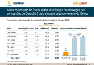8Celesc 2030 - Teleconferência investidores_8.pptx
Ainda no contexto do Plano, a não antecipação da renovação das
concessões de Geração é crucial para o desenvolvimento da Celesc
Racional para não antecipação das renovações das concessões de Geração, 2012
Fonte: MME - Portaria no 578 de 31 de outubro de 2012 ; Celesc
1) Média ponderada pela potencia de cada usina
Usina
UHE Palmeira
UHE Bracinho
PCH Garcia
PCH Cedros
PCH Salto
PCH Pery
PCH Ivo Silveira
Valor médio1)
Potencia [MW] [R$/kW.ano] [R$/MWh]
24,60
15,00
8,92
7,28
6,28
4,40
2,60
Tarifa MP 579
120,88
130,45
172,66
192,38
192,48
217,59
226,24
153,81
22,44
27,92
24,76
23,69
26,28
27,32
37,10
25,25
Impacto esperado na receita [R$/MWh]
120118
25
-79%
Preço de
mercado
Valor dos
contratos
Tarifa MP 579
-79%
G. física [MW]
15,13
8,00
7,10
6,75
5,25
4,00
1,81
 