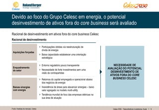 9Celesc 2030 - Teleconferência investidores_8.pptxFonte: Analistas de mercado; Celesc
Devido ao foco do Grupo Celesc em energia, o potencial
desinvestimento de ativos fora do core business será avaliado
Racional de desinvestimento em ativos fora do core business Celesc
Racional de desinvestimento
Aquisições forçadas
Enquadramento
do setor
Baixas sinergias
com energia
> Participações obtidas via reestruturação de
dívida de energia
> Baixa capacidade estabelecer uma orientação
estratégica
> Retornos do capital empregado e operacional abaixo
dos negócios de energia
> Inexistência de áreas para alavancar sinergias – baixo
valor agregado no modelo multi-utility
> Tendência mundial de foco das empresas elétricas na
sua área de atuação
> Entorno regulatório pouco transparente
> Necessidade de forte investimentos sem uma
visão de contrapartidas
NECESSIDADE DE
AVALIAÇÃO DO POTENCIAL
DESINVESTIMENTO DE
ATIVOS FORA DO CORE
BUSINESS CELESC
 