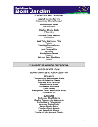 PODER LEGISLATIVO MUNICIPAL
Aldery Sebastião Ferreira
Presidente da Câmara Municipal
Antonio Lopes Varão
Vice-Presidente
Elbefran Oliveira Costa
1º Secretário
Francisca Élia de Mesquita
2ª Secretária
José Vieira dos Santos Filho
Vereador
Francisco Ferreira Lopes
Vereador
Lenir Pacheco Silva
Vereadora
Márcio Sousa Pereira
Vereador
Alciomar Sales Rios Matos
Vereador

PLANO DIRETOR MUNICIPAL PARTICIPATIVO
NÚCLEO GESTOR LOCAL
REPRESENTANTES DO PODER EXECUTIVO
TITULARES
Thelma Aragão Melo porte de Araújo
Antonio Otávio de Oliveira
Francisco Alves de Araújo
Misael Santos Sousa
Luis Pereira dos Santos
Ozimo Jansen
Rosangela de Fátima Medeiros de Araújo
Francisco Cruz
SUPLENTES
Marlene da Silva Medanha
Rivelino Rodrigues do Nascimento
Carlos Alberto Felix Alencar
James de Aquino Porto
Marlon Mendes Sousa
Francisco Dardo Macedo
Irani de Andrade Alencar
Francisco Pedro Muniz de Oliveira

4

 