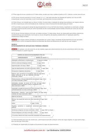 § 2º Essa regra de recuos, prevista no § 1º deste artigo, se aplica aos lotes e glebas situados na ZI 2, lindeiras a outras zonas de uso.
§ 3º Os recuos mínimos previstos no inciso I, alíneas "a" e "c", não serão aplicados nas testadas de quadras com mais de 50%
(cinquenta por cento) já construídos, ou em construção, permanecendo os recuos existentes.
§ 4º Para imóveis com testada igual ou inferior a 8,00m, fica permitida a instalação de abrigos desmontáveis com largura máxima
de 50% (cinqüenta por cento) da testada do lote, desde que a área remanescente descoberta seja permeável.
§ 5º É permitida a construção de abrigo de segurança/portaria no recuo de frente dos imóveis, respeitada na construção a relação
de largura máxima de 20% (vinte por cento) da testada do lote e profundidade máxima de 60% (sessenta por cento) do recuo de
frente adotado.
§ 6º Os recuos mínimos laterais e de fundo, em todas as alíneas "b" deste artigo, devem ser observados para efeitos urbanísticos,
considerando que para ventilação e iluminação os recuos obrigatórios são aqueles estabelecidos em legislação específica,
notadamente Código de Obras.
Art. 110 Para imóveis urbanos limitados ou atravessados por cursos d`água, resultantes de parcelamentos do solo aprovados
anteriormente a 1979, Lei específica definirá as dimensões das faixas de afastamento de cada lado de suas margens.
SEÇÃO II
ESTACIONAMENTO DE VEÍCULOS NOS TERRENOS URBANOS
Art. 111 Em qualquer uma das zonas de uso são exigidas vagas para estacionamento de veículos automotores dentro dos lotes,
conforme disposto no quadro seguinte:
_______________________________________________________________________________
| NÚMERO DE VAGAS DE ESTACIONAMENTO POR USO |
|-----------------------------------------------------+-------------------------|
| EMPREENDIMENTO | NÚMERO DE VAGAS (*) |
|=====================================================|=========================|
|Habitações unifamiliares e multifamiliares |1 vaga por unidade |
|-----------------------------------------------------|-------------------------|
|Centros comerciais (shopping centers) |1 vaga / 25m2 |
|-----------------------------------------------------|-------------------------|
|Supermercados com área ≥ 300m² |1 vaga / 50m2 |
|-----------------------------------------------------|-------------------------|
|Lojas de departamentos com área construída ≥ 300m² |1 vaga / 50m² |
|-----------------------------------------------------|-------------------------|
|Entrepostos e depósitos atacadistas |1 vaga / 60m2 |
|-----------------------------------------------------|-------------------------|
|Edifícios para escritórios ou consultórios, salas e|1 vaga/ 50m2 |
|salões comerciais ou de uso indefinido, com área| |
|construída ≥ 200m2 | |
|-----------------------------------------------------|-------------------------|
|Prontos-socorros, clínicas e laboratórios de análises|1 vaga / 50m2 |
|com área construída ≥ 200m² | |
|-----------------------------------------------------|-------------------------|
|Instituições privadas de ensino de 2º Grau e|1 vaga / 100m² |
|Estabelecimentos de ginástica, dança e congêneres com| |
|área construída ≥ 300m² | |
|-----------------------------------------------------|-------------------------|
|Instituições privadas de ensino de 3º Grau e Escolas|1 vaga / 35m² |
|profissionalizantes com área construída ≥ 300m² | |
|-----------------------------------------------------|-------------------------|
|Restaurantes, choperias, casas noturnas, Teatros e|1 vaga / 50m2 |
|cinemas com área construída ≥ 300m² | |
|=====================================================|=========================|
|Agências de bancos |1 vaga / 35m² |
|-----------------------------------------------------|-------------------------|
|Oficinas de conserto de carros com área construída ≥|1 vaga / 50m² |
|100m² | |
|-----------------------------------------------------|-------------------------|
|Hotéis |1 vaga / 2 leitos |
|-----------------------------------------------------|-------------------------|
|Hospitais, sanatórios e congêneres, exclusive|1 vaga / 5 leitos |
|públicos | |
|-----------------------------------------------------|-------------------------|
|Farmácias e drogarias com área construída ≥ 100m² |1 vaga / 50m² ou fração |
|-----------------------------------------------------|-------------------------|
|Templos Religiosos com área construída > 100m2 |1 vaga / 50m2 |
|-----------------------------------------------------+-------------------------|
|(*) As áreas referem-se à área construída computável do empreendimento |
|_______________________________________________________________________________|
§ 1º Será permitida para usos não residenciais, a destinação de até 20% (vinte por cento) das vagas exigidas, no caput deste artigo,
para veículos tipo motocicleta.
§ 2º Poderão ser dispensados da exigência de previsão de vagas de estacionamento:
30/37
LeisMunicipais.com.br - Lei Ordinária 11022/2014
 