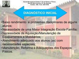 Escola Municipal de Timóteo 1º (5ª à 8ª Série) e 2º Graus
Rua Rio São Francisco, Nº 140, Alvorada
Timóteo – MG - Fone: 3847-4798
DIAGNÓSTICO INICIAL
• Baixo rendimento e problemas disciplinares de alguns
alunos;
• Necessidade de uma Maior Integração Escola-Família;
• Necessidade de Aquisição/Manutenção de
Equipamentos e Mobiliários;
• Atendimento adequado aos alunos (as) com
necessidades especiais;
• Manutenção, Reforma e Adequações dos Espaços
Físicos.
 