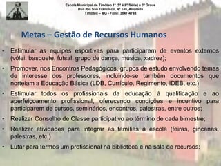 Escola Municipal de Timóteo 1º (5ª à 8ª Série) e 2º Graus
Rua Rio São Francisco, Nº 140, Alvorada
Timóteo – MG - Fone: 3847-4798
Metas – Gestão de Recursos Humanos
• Estimular as equipes esportivas para participarem de eventos externos
(vôlei, basquete, futsal, grupo de dança, música, xadrez);
• Promover, nos Encontros Pedagógicos, grupos de estudo envolvendo temas
de interesse dos professores, incluindo-se também documentos que
norteiam a Educação Básica (LDB, Currículo, Regimento, IDEB, etc.)
• Estimular todos os profissionais da educação à qualificação e ao
aperfeiçoamento profissional, oferecendo condições e incentivo para
participarem de cursos, seminários, encontros, palestras, entre outros;
• Realizar Conselho de Classe participativo ao término de cada bimestre;
• Realizar atividades para integrar as famílias à escola (feiras, gincanas,
palestras, etc.)
• Lutar para termos um profissional na biblioteca e na sala de recursos;
 
