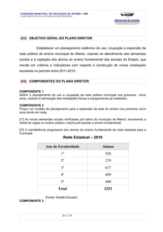 FUNDAÇÃO MUNICIPAL DE EDUCAÇÃO DE NITERÓI - FME
PLANO DIRETOR PARA A EXPANSÃO DA REDE MUNICIPAL




[03] OBJETIVO GERAL DO PLANO DIRETOR


            Estabelecer um planejamento sistêmico do uso, ocupação e expansão da
rede pública de ensino municipal de Niterói, visando ao atendimento das demandas
sociais e à captação dos alunos do ensino fundamental das escolas do Estado, que
resulte em critérios e indicadores com respeito à construção de novas instalações
escolares no período entre 2011-2015.


[04] COMPONENTES DO PLANO DIRETOR


COMPONENTE 1
Definir o planejamento do uso e ocupação da rede pública municipal nos próximos cinco
anos, visando à otimização das instalações físicas e equipamentos já instalados.

COMPONENTE 2
Propor um modelo de planejamento para a expansão da rede de ensino nos próximos cinco
anos tendo em vista:

[1º] As novas demandas sociais verificadas por bairro do município de Niterói, envolvendo a
oferta de vagas no ensino público: creche pré-escolar e ensino fundamental.

[2º] A transferência progressiva dos alunos do ensino fundamental da rede estadual para a
municipal.
                               Rede Estadual – 2010

                  Ano de Escolaridade                      Alunos
                             1º                              358
                             2º                              379
                             3º                              617
                             4º                              499
                             5º                              400
                           Total                             2253

                  (Fonte: Gestão Escolar)
COMPONENTE 3



                              26 DE 56
 