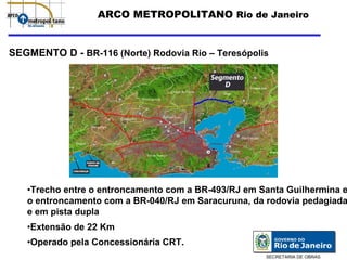 ARCO METROPOLITANO Rio de Janeiro


SEGMENTO D - BR-116 (Norte) Rodovia Rio – Teresópolis




   •Trecho entre o entroncamento com a BR-493/RJ em Santa Guilhermina e
   o entroncamento com a BR-040/RJ em Saracuruna, da rodovia pedagiada
   e em pista dupla
   •Extensão de 22 Km
   •Operado pela Concessionária CRT.
                                                     SECRETARIA DE OBRAS
 