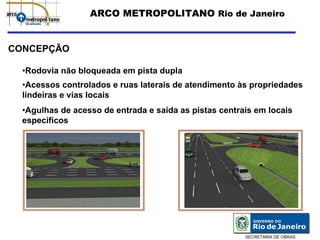 ARCO METROPOLITANO Rio de Janeiro


CONCEPÇÃO

  •Rodovia não bloqueada em pista dupla
  •Acessos controlados e ruas laterais de atendimento às propriedades
  lindeiras e vias locais
  •Agulhas de acesso de entrada e saída as pistas centrais em locais
  específicos




                                                        SECRETARIA DE OBRAS
 