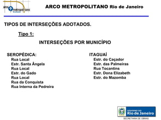 ARCO METROPOLITANO Rio de Janeiro


TIPOS DE INTERSEÇÕES ADOTADOS.

     Tipo 1:
                 INTERSEÇÕES POR MUNICÍPIO

SEROPÉDICA:                       ITAGUAÍ
  Rua Local                         Estr. do Caçador
  Estr. Santa Ângela                Estr. das Palmeiras
  Rua Local                         Rua Tocantins
  Estr. do Gado                     Estr. Dona Elizabeth
  Rua Local                         Estr. do Mazomba
  Rua da Conquista
  Rua Interna da Pedreira




                                                    SECRETARIA DE OBRAS
 