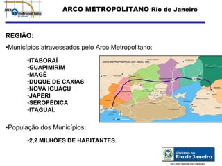 ARCO METROPOLITANO Rio de Janeiro



REGIÃO:
•Municípios atravessados pelo Arco Metropolitano:

       •ITABORAÍ                ARCO METROPOLITANO (BR-493/RJ 109)
                                                                                                             MIGUEL PEREIRA                                             PETRÓPOLIS




       •GUAPIMIRIM                                                                                                                                                                                  GUAPIMIRIM




       •MAGÉ                    PIRAÍ               PARACAMBI
                                                                                 JAPERI
                                                                                                                                        DUQUE DE CAXIAS
                                                                                                                                                                                            MAGÉ




       •DUQUE DE CAXIAS                      BR 116
                                                                                                QUEIMADOS



       •NOVA IGUAÇU




                                                                                                                                                          BR 040
                                                                                                                                                                                                                 ITABORAÍ
                                                                                                                  6                  BELFORD ROXO
                                                                                                            B R 11
                                                                   SEROPÉDICA                          NOVA IGUAÇU
                                                                                                                                         SÃO JOÃO



       •JAPERI
                                                                                                                                         DE MERITI
                                                                                                                                                                                                     B R 101




                                                                            BR
                                                                                                                 MESQUITA                                                                                      Manilha




                                                                             46
                                                                                5
                                                                                                                             NILÓPOLIS                                                      SÃO GONÇALO
                                                                                                                                                                      Baía de


       •SEROPÉDICA
                                   ITAGUAÍ
                                                                                                                                                                      Guanabara
                                                                                                                  Avenida
                                                                                                                            Brasil
                                                                                            1
                                                                                    B   R 10
                                                                                                                                                                                  NITERÓI


       •ITAGUAÍ.
                                                                                                                                                                                                                    MARICÁ
                                                                                                                                                     RIO DE JANEIRO
                                             Porto
                                             de Itaguaí

                                        Itacuruça

                                                          ESCALA GRÁFICA:




•População dos Municípios:
       •2,2 MILHÕES DE HABITANTES


                                                                                                                                                       SECRETARIA DE OBRAS
 