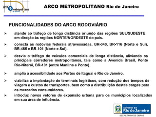 ARCO METROPOLITANO Rio de Janeiro


FUNCIONALIDADES DO ARCO RODOVIÁRIO
 atende ao tráfego de longa distância oriundo das regiões SUL/SUDESTE
 em direção às regiões NORTE/NORDESTE do país.
 conecta as rodovias federais atravessadas, BR-040, BR-116 (Norte e Sul),
 BR-465 e BR-101 (Norte e Sul).
 desvia o tráfego de veículos comerciais de longa distância, aliviando os
 principais corredores metropolitanos, tais como a Avenida Brasil, Ponte
 Rio-Niterói, BR-101 (entre Manilha e Ponte).

 amplia a acessibilidade aos Portos de Itaguaí e Rio de Janeiro.
 viabiliza a implantação de terminais logísticos, com redução dos tempos de
 viagem e custos de transportes, bem como a distribuição destas cargas para
 os mercados consumidores.
 introduz novos vetores de expansão urbana para os municípios localizados
 em sua área de influência.



                                                             SECRETARIA DE OBRAS
 
