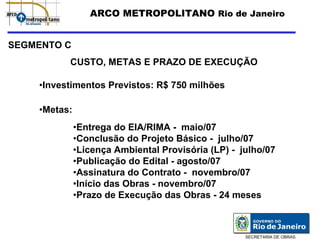 ARCO METROPOLITANO Rio de Janeiro


SEGMENTO C
          CUSTO, METAS E PRAZO DE EXECUÇÃO

    •Investimentos Previstos: R$ 750 milhões

    •Metas:
              •Entrega do EIA/RIMA - maio/07
              •Conclusão do Projeto Básico - julho/07
              •Licença Ambiental Provisória (LP) - julho/07
              •Publicação do Edital - agosto/07
              •Assinatura do Contrato - novembro/07
              •Início das Obras - novembro/07
              •Prazo de Execução das Obras - 24 meses



                                                    SECRETARIA DE OBRAS
 