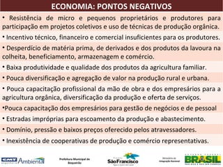 ECONOMIA: PONTOS NEGATIVOS
• Resistência de micro e pequenos proprietários e produtores para
participação em projetos coletivos e uso de técnicas de produção orgânica.
• Incentivo técnico, financeiro e comercial insuficientes para os produtores.
• Desperdício de matéria prima, de derivados e dos produtos da lavoura na
colheita, beneficiamento, armazenagem e comércio.
• Baixa produtividade e qualidade dos produtos da agricultura familiar.
• Pouca diversificação e agregação de valor na produção rural e urbana.
• Pouca capacitação profissional da mão de obra e dos empresários para a
agricultura orgânica, diversificação da produção e oferta de serviços.
•Pouca capacitação dos empresários para gestão de negócios e de pessoal
• Estradas impróprias para escoamento da produção e abastecimento.
• Domínio, pressão e baixos preços oferecido pelos atravessadores.
• Inexistência de cooperativas de produção e comércio representativas.

                    Prefeitura Municipal de               Ministério da
                                                       Integração Nacional
                           Boqueirão
 