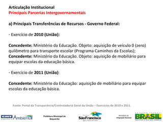 Articulação Institucional
Principais Parcerias Intergovernamentais

a) Principais Transferências de Recursos - Governo Federal:

- Exercício de 2010 (União):

Concedente: Ministério da Educação. Objeto: aquisição de veículo 0 (zero)
quilômetro para transporte escolar (Programa Caminhos da Escolas);
Concedente: Ministério da Educação. Objeto: aquisição de mobiliário para
equipar escolas da educação básica.

- Exercício de 2011 (União):

Concedente: Ministério da Educação: aquisição de mobiliário para equipar
escolas da educação básica.


  Fonte: Portal da Transparência/Controladoria Geral da União – Exercícios de 2010 e 2011.


                        Prefeitura Municipal de                                   Ministério da
                                                                               Integração Nacional
                               Boqueirão
 