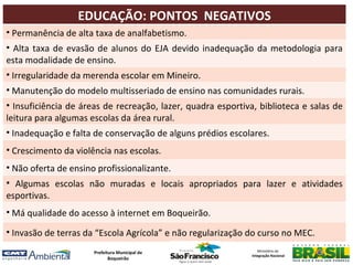 EDUCAÇÃO: PONTOS NEGATIVOS
• Permanência de alta taxa de analfabetismo.
• Alta taxa de evasão de alunos do EJA devido inadequação da metodologia para
esta modalidade de ensino.
• Irregularidade da merenda escolar em Mineiro.
• Manutenção do modelo multisseriado de ensino nas comunidades rurais.
• Insuficiência de áreas de recreação, lazer, quadra esportiva, biblioteca e salas de
leitura para algumas escolas da área rural.
• Inadequação e falta de conservação de alguns prédios escolares.
• Crescimento da violência nas escolas.
• Não oferta de ensino profissionalizante.
• Algumas escolas não muradas e locais apropriados para lazer e atividades
esportivas.
• Má qualidade do acesso à internet em Boqueirão.

• Invasão de terras da “Escola Agrícola” e não regularização do curso no MEC.
                      Prefeitura Municipal de                    Ministério da
                                                              Integração Nacional
                             Boqueirão
 