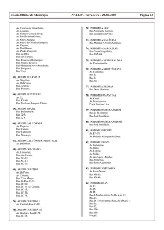 Diário Oficial do Município Página 62Nº 4.147 - Terça-feira - 26/06/2007
Av.GenésiodeLimaBrito;
Av.Guarani;
Av.HorácioCostaeSilva;
Av.José MartinsGuerra;
Av.MariaPestana;
Av.MariadeOliveiraSampaio;
Av.Tapuias;
Av.TotóBueno;
Av.ZorkaVulojicik;
RuadoBibi;
Ruados Carajás;
RuaFranciscoBontempo;
RuaMárciodaSilva;
RuaOrmezinaNavesMachado;
RuaPotiguará;
RuaTupi;
63)JARDIM BELAVISTA
Av.Angélica;
Av.BelaVista;
RuaAruanã;
RuaPlanalto.
64)JARDIM BELVEDERE
Av.C;
RuaFN-40;
RuaProfessor JoaquimÉdson.
65)JARDIM BRASIL
RuaPerimetral6;
RuaX-3;
RuaX-4.
66)JARDIM CALIFÓRNIA
Av.Topázio;
RuaCaiuós;
RuaCapauam;
RuaMaracajá.
67)JARDIM CALIFÓRNIAINDUSTRIAL
Av.pirâmides.
68)JARDIM COLORADO
Av.Contorno;
Ruados Cocais;
RuaSC-12;
RuaSC-13;
RuaSC-38.
69)JARDIM CURITIBA
Av.doPovo;
Av.Oriente;
Rua25deMarço;
RuaG -RuaJC-35;
RuaJC-02;
RuaJC-10-Av.Central;
RuaJC-15;
RuaJC-22;
RuaJC-74.
70)JARDIM CURITIBAII
Av.Central-RuaJC-10.
71)JARDIM CURITIBAIII
Av.dos Ipês-RuaJC-74;
RuaJC-68.
72)JARDIM DALUZ
RuaAlmiranteBarroso;
RuaLeonardodaVinci.
73)JARDIM DASACÁCIAS
RuaMariadeOliveiraSampaio.
74)JARDIM DASAROEIRAS
RuaCoutoMagalhães;
RuaJDA-04.
75)JARDIM DAS ESMERALDAS
Av.Florianópolis.
76)JARDIM DAS HORTÊNCIAS
Av.Contorno;
RuaE;
RuaF;
RuaJH-1.
77)JARDIM DAS ROSAS
RuaDonaFlorinda.
78)JARDIM DIAMANTINA
Av.Cariri;
Av.Mantiqueira;
Praça.SantinoLira.
79)JARDIM DOM FERNANDO I
Rua23deJaneiro;
RuaJosé Bonifácio,
80)JARDIM DOM FERNANDO II
RuaJosé Bonifácio.
81)JARDIM ELIFORTE
Av.EF-09;
Av.OrlandoMarquesdeAbreu.
82)JARDIM EUROPA
Av.Inglaterra;
Av.Itália;
Av.Lisboa;
Av.Milão;
Av.dosAlpes–Trecho;
RuaPompéia;
RuaSantoAgostinho.
83)JARDIM FONTE NOVA
Av.FonteNova;
RuaFN-13;
RuaFN-40.
84)JARDIM GOIÁS
Av.C;
Av.D;
Av.H;
Rua2-TrechoentreaAv.BeaAv.C;
Rua23;
Rua28-TrechoentreaRua23eaRua31;
Rua31;
Rua32;
Rua106;
Rua108;
PraçaE.
 
