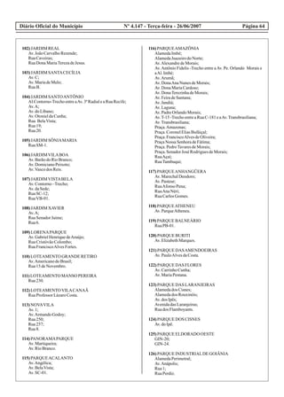 Diário Oficial do Município Página 64Nº 4.147 - Terça-feira - 26/06/2007
102)JARDIM REAL
Av.JoãoCarvalhoRezende;
RuaCaveiras;
RuaDonaMariaTerezadeJesus.
103)JARDIM SANTACECÍLIA
Av.C;
Av.MariadeMelo;
RuaB.
104)JARDIM SANTOANTÔNIO
Al.Contorno-TrechoentreaAv.3ªRadialeaRuaRecife;
Av.A;
Av.doLíbano;
Av.OtonieldaCunha;
Rua BelaVista;
Rua19;
Rua20.
105)JARDIM SÔNIAMARIA
RuaSM-1.
106)JARDIMVILABOA
Av.BarãodoRioBranco;
Av.DomicianoPeixoto;
Av.Vascodos Reis.
107)JARDIMVISTABELA
Av.Contorno–Trecho;
Av.daSede;
RuaSC-12;
RuaVB-01.
108)JARDIM XAVIER
Av.A;
RuaSenadorJaime;
Rua6.
109)LORENAPARQUE
Av.GabrielHenriquedeAraújo;
RuaCristóvãoColombo;
RuaFranciscoAlvesFortes.
110)LOTEAMENTO GRANDE RETIRO
Av.AmericanodoBrasil;
Rua15deNovembro.
111)LOTEAMENTO MANSO PEREIRA
Rua230.
112)LOTEAMENTOVILACANAÃ
RuaProfessor LázaroCosta.
113)NOVAVILA
Av.1;
Av.ArmandoGodoy;
Rua250;
Rua257;
Rua8.
114)PANORAMAPARQUE
Av.Martiqueira;
Av.RioBranco.
115)PARQUEACALANTO
Av.Angélica;
Av.BelaVista;
Av.SC-01.
116)PARQUEAMAZÔNIA
AlamedaImbé;
AlamedaJuazeirodoNorte;
Av.AlexandredeMorais;
Av.Antônio Fidelis -Trecho entre aAv. Pe. Orlando Morais e
aAl.Imbé;
Av.Arumã;
Av.DonaAnaNunes deMorais;
Av.DonaMariaCardoso;
Av.DonaTerezinhadeMorais;
Av.FeiradeSantana;
Av.Jandiá;
Av.Laguna;
Av.PadreOrlandoMorais;
Av.T-15-TrechoentreaRuaC-181eaAv.Transbrasiliana;
Av.Transbrasiliana;
Praça.Amazonas;
Praça.CoronelEliasBufáiçal;
Praça.FranciscoAlvesdeOliveira;
PraçaNossa SenhoradeFátima;
Praça.PedroTavaresdeMorais;
Praça.SenadorJosé RodriguesdeMorais;
RuaAçaí;
RuaTambuqui;
117)PARQUEANHANGÜERA
Av.MarechalDeodoro;
Av.Pasteur;
RuaAfonso Pena;
RuaAnaNéri;
RuaCarlosGomes.
118)PARQUEATHENEU
Av.ParqueAtheneu.
119)PARQUE BALNEÁRIO
RuaPB-01.
120)PARQUE BURITI
Av.ElizabethMarques.
121)PARQUE DASAMENDOEIRAS
Av.PauloAlvesdaCosta.
122)PARQUE DAS FLORES
Av.CarrinhoCunha;
Av.MariaPestana.
123)PARQUE DAS LARANJEIRAS
Alamedados Cisnes;
Alamedados Rouxinóis;
Av.dos Ipês;
AvenidadasLaranjeiras;
Ruados Flamboyants.
124)PARQUE DOS CISNES
Av.doIpê.
125)PARQUE ELDORADO OESTE
GIN-20;
GIN-24.
126)PARQUE INDUSTRIALDEGOIÂNIA
AlamedaPerimetral;
Av.Anápolis;
Rua1;
RuaPerdiz.
 