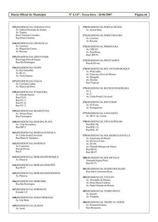 Diário Oficial do Município Página 66Nº 4.147 - Terça-feira - 26/06/2007
153)RESIDENCIALGOIÂNIAVIVA
Av.GabrielHenriquedeAraújo;
Av.Tóquio;
RuaCristóvãoColombo;
RuaDonaCarolina.
154)RESIDENCIALGRANVILLE
Av.Lorenzo;
Av.MigueldoCarmo;
Av.Ravena.
155)RESIDENCIALGREENPARK
RuaJorgeFélixdeSouza;
RuaSãoDomingos.
156)RESIDENCIALITAIPU
Av.RioVermelho;
Av.RI-31;
Av.VieiraSantos.
157)RESIDENCIALITÁLIA
Av.CarrinhoCunha;
Av.MárciodaSilva.
158)RESIDENCIALJUNQUEIRA
Av.AlfredoNasser;
RuaVI-01;
RuaVC-1;
RuaVC-4;
RuaVC-7;
159)RESIDENCIALMANHATTAN
Av.Afonso Pena;
RuaFlemington.
160)RESIDENCIALMAR DELPLATA
Av.15deNovembro;
RuaMP-2.
161)RESIDENCIALMARIALOURENÇA
Av.UniãoPostalUniversal;
RuaMariaO. Sampaio.
162)RESIDENCIALMARINGÁ
Av.Contorno;
RuadaDivisa;
RuaF.
163)RESIDENCIALMORADADO BOSQUE
Av.Planície.
164)RESIDENCIALMORADADOS IPÊS
RuaW-07
165)RESIDENCIALMORADADOS SONHOS
Av.Planície.
166)RESIDENCIALMORUMBI
RuaSãoDomingos.
167)RESIDENCIALNOROESTE
Estrada115.
168)RESIDENCIALNOSSAMORADA
Av.8deMaio.
169)RESIDENCIALOLINDA
Av.Acari.
170)RESIDENCIALPORTALDO SOL
Av.AyrtonSena.
171)RESIDENCIALPORTO SEGURO
Av.Lorenzo;
Av.Ravena.
172)RESIDENCIALPRIMAVERA
Av.CRP-03;
Av.NoelRosa;
RuaCRP-01.
173)RESIDENCIALPRIVÊ NORTE
RuadaDivisa.
174)RESIDENCIALRECANTO DO BOSQUE
Av.09deJulho.
Av.FranciscoAlvesdeMoraes
Av.Mangalô;
Av.Oriente;
RuaTropical.
175)RESIDENCIALRECREIOPANORAMA
Av.I;
Av.C;
Av.UniãoPostalUniversal.
176)RESIDENCIALRIOVERDE
Av.EliForte;
Av.Seringueiras.
177)RESIDENCIALSANTARITA
Av.SR-8 /Av.Center.
178)RESIDENCIALSÃO LEOPOLDO
RuaRSL-06;
RuaRSL-12;
RuaRSL-45.
179)RESIDENCIALSOLAR BOUGANVILLE
Av.AmericanodoBrasil;
Av.EliAlvesForte;
Av.EF-09;
Av.OrlandoMarquesdeAbreu;
RuaSB-01;
RuaSB-07.
180)RESIDENCIALSOLARVILLE
AlamedaHiginoPires;
RuaSV-51.
181)RESIDENCIALSONHO DOURADO
RuaJoãoCrisóstomoRosa.
182)RESIDENCIALTAYNAN
Av.AlexandredeMorais;
Av.DonaMariaCardoso;
Av.PadreOrlandodeMorais.
183)RESIDENCIALTEMPO NOVO
Av.Itacaré;
Av.Trindade.
184)RESIDENCIALTROPICALVERDE
Av.PerimetralOeste;
RuaMarajoara.
 