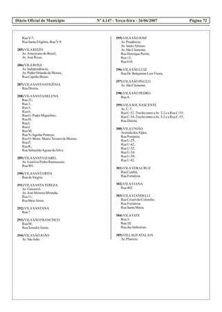 Diário Oficial do Município Página 72Nº 4.147 - Terça-feira - 26/06/2007
RuaV-7;
RuaSantaEfigênia-RuaV-9.
285)VILARIZZO
Av.AmericanodoBrasil;
Av.José Rizzo.
286)VILAROSA
Av.Independência;
Av.PadreOrlandodeMorais;
RuaCapitãoBreno.
287)VILASANTAEFIGÊNIA
RuaDireita.
288)VILASANTAHELENA
Rua21;
Rua3;
Rua5;
Rua6;
RuaG -PadreMiguelino;
RuaH;
RuaI;
RuaJ;
RuaM;
RuaN-AguilarPontojo;
RuaO -Mons. MunizTavaresdeMorais;
RuaP;
RuaR;
RuaSebastiãoAguiardaSilva.
289)VILASANTAIZABEL
Av.LaurícioPedroRasmussen;
Rua801.
290)VILASANTARITA
RuadaAlegria.
291)VILASANTATEREZA
Av.Cascavel;
Av.José MoreiraMiranda;
Rua11;
RuaBaseAérea.
292)VILASANTANA
Rua7.
293)VILASÃO FRANCISCO
RuaM;
RuaSenadorJaime.
294)VILASÃO JOÃO
Av.SãoJoão.
295)VILASÃO JOSÉ
Av.Prudêncio;
Av.SantoAfonso;
Av.SãoClemente;
RuaHenriquePerim;
Rua13;
Rua610.
296)VILASÃO LUIZ
RuaDr.BenjamimLuizVieira.
297)VILASÃO PAULO
Av.SãoClemente.
298)VILASÃO PEDRO
RuaA.
299)VILASOLNASCENTE
Av.C-7;
RuaC-52-TrechoentreaAv.T-2eaRuaC-55;
RuaC-54-TrechoentreaAv.T-2eaRuaC-55;
RuaDireita.
300)VILAUNIÃO
AvenidadosAlpes;
RuaPompéia;
RuaU-25;
RuaU-42;
RuaU-52;
RuaU-54;
RuaU-59;
RuaU-82.
301)VILAVERACRUZ
RuaCuiabá;
RuaFortaleza.
302)VILAVIANA
Rua402.
303)VILAVIANDELLI
RuaCristóvãoColombo;
RuaFortaleza;
RuaSantaMaria.
304)VILAYATE
Rua3;
Rua20;
RuadasIndústrias.
305)VILLAGEATALAIA
Av.Planície.
 