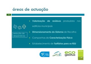 áreas de actuação
12




                    • Valorização de resíduos produzidos nos

                      edifícios municipais

                    • Dimensionamento do Sistema de Recolha
     redução de
     desperdícios
                    • Campanhas de Caracterização Física

                    • Estabelecimento de Tarifários para os RSU
 