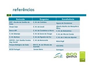 referências
17


          Ecoinside                     Ecogestus                 Ecoreferência
 EGP – Escola de Gestão do      C. M. de Coimbra
                                                           Águas de Gondomar
 Porto
 Grupo Soja                     C. M. da Lousã             Alberto Martins de Mesquita &
                                                           Filhos
 Banco BPI                      C. M. de Condeixa-a-Nova   C. M. de Matosinhos
 C. M. Estarreja                C. M. de Sever do Vouga    C. M. de Vila do Conde
 C. M. Murtosa                  C. M. da Figueira da Foz   C. M. de S. Brás de Alportel
 IGFCSS – Inst. Gestão Fundos   C. M. de Benavente
                                                           Mota Engil
 Seg. Social
 Parque Biológico de Gaia       EDV/C. M. de Oliveira de
                                                           SOCOPUL
                                Azeméis
 BCSD Portugal                  Sonae Sierra               Somague
 