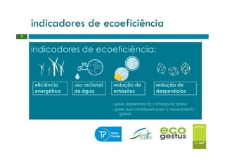 indicadores de ecoeficiência
9



    indicadores de ecoeficiência:



    eficiência   uso racional   redução de           redução de
    energética   da água        emissões             desperdícios

                                - gases depletores da camada de ozono
                                - gases que contribuem para o aquecimento
                                    global
 