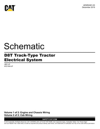 Electrical System
D8T Track-Type Tractor
KPZ1095-UP
J8B1-UP
© 2019 Caterpillar. All Rights Reserved. CAT, CATERPILLAR, LET’S DO THE WORK, their respective logos, “Caterpillar Yellow,” the “Power Edge”
and Cat “Modern Hex” trade dress, as well as corporate and product identity used herein, are trademarks of Caterpillar and may not be used without permission.
Volume 2 of 2: Cab Wiring
Volume 1 of 2: Engine and Chassis Wiring
December 2019
UENR2481-03
 