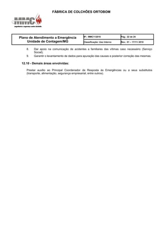 FÁBRICA DE COLCHÕES ORTOBOM
Plano de Atendimento a Emergência
Unidade de Contagem/MG
Nº.: MMC112010 Pág.: 22 de 24
Classificação: Uso Interno Rev.: 01 – 17/11/ 2010
8. Dar apoio na comunicação de acidentes a familiares das vítimas caso necessário (Serviço
Social);
9. Garantir o levantamento de dados para apuração das causas e posterior correção das mesmas.
12.10 - Demais áreas envolvidas:
Prestar auxílio ao Principal Coordenador de Resposta às Emergências ou a seus substitutos
(transporte, alimentação, segurança empresarial, entre outros).
 