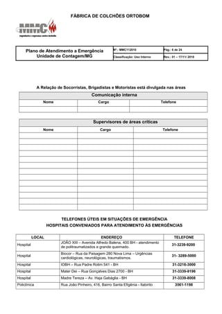 FÁBRICA DE COLCHÕES ORTOBOM
Plano de Atendimento a Emergência
Unidade de Contagem/MG
Nº.: MMC112010 Pág.: 6 de 24
Classificação: Uso Interno Rev.: 01 – 17/11/ 2010
A Relação de Socorristas, Brigadistas e Motoristas está divulgada nas áreas
Comunicação interna
Nome Cargo Telefone
Supervisores de áreas críticas
Nome Cargo Telefone
TELEFONES ÚTEIS EM SITUAÇÕES DE EMERGÊNCIA
HOSPITAIS CONVENIADOS PARA ATENDIMENTO ÀS EMERGÊNCIAS
LOCAL ENDEREÇO TELEFONE
Hospital
JOÃO XIII – Avenida Alfredo Balena, 400 BH - atendimento
de politraumatizados e grande queimado.
31-3239-9200
Hospital
Biocor – Rua da Paisagem 280 Nova Lima – Urgências
cardiológicas, neurológicas, traumatismos.
31- 3289-5000
Hospital IOBH – Rua Padre Rolim 541 - BH 31-3218-3000
Hospital Mater Dei – Rua Gonçalves Dias 2700 - BH 31-3339-9196
Hospital Madre Tereza – Av. Haja Gabáglia - BH 31-3339-8008
Policlínica Rua João Pinheiro, 416, Bairro Santa Efigênia - Itabirito 3561-1198
 