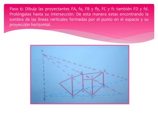 Paso 6: Dibuja las proyectantes FA, fa, FB y fb, FC y fc también FD y fd.
Prolóngalas hasta su intersección. De esta manera estas encontrando la
sombra de las líneas verticales formadas por el punto en el espacio y su
proyección horizontal.
 