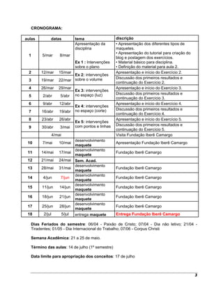 CRONOGRAMA:

aulas        datas               tema                  discrição
                                 Apresentação da       • Apresentação dos diferentes tipos de
                                 disciplina            maquetes.
                                                       • Apresentação do tutorial para criação do
 1      5/mar        8/mar
                                                       blog e postagem dos exercícios.
                                 Ex 1 : Intervenções   • Material básico para disciplina.
                                 sobre o plano         • Definição do material para aula 2.
 2      12/mar      15/mar                             Apresentação e início do Exercício 2.
                           Ex 2: intervenções
                                                       Discussão dos primeiros resultados e
 3      19/mar      22/mar sobre o volume
                                                       continuação do Exercício 2.
 4      26/mar      29/mar                             Apresentação e início do Exercício 3.
                                 Ex 3: intervenções
                                 no espaço (luz)       Discussão dos primeiros resultados e
 5      2/abr        5/abr
                                                       continuação do Exercício 3.
 6      9/abr        12/abr                            Apresentação e início do Exercício 4.
                                 Ex 4: intervenções
                                 no espaço (corte)     Discussão dos primeiros resultados e
 7      16/abr       19/abr
                                                       continuação do Exercício 4.
 8      23/abr       26/abr                            Apresentação e início do Exercício 5.
                                 Ex 5: intervenções
                                 com pontos e linhas   Discussão dos primeiros resultados e
 9      30/abr       3/mai
                                                       continuação do Exercício 5.
                 4/mai                                 Visita Fundação Iberê Camargo
                                 desenvolvimento
 10     7/mai       10/mai                             Apresentação Fundação Iberê Camargo
                                 maquete
                                 desenvolvimento
 11     14/mai      17/mai                             Fundação Iberê Camargo
                                 maquete
 12     21/mai      24/mai       Sem. Acad.
                                 desenvolvimento
 13     28/mai      31/mai                             Fundação Iberê Camargo
                                 maquete
                                 desenvolvimento
 14     4/jun        7/jun                             Fundação Iberê Camargo
                                 maquete
                                 desenvolvimento
 15     11/jun       14/jun                            Fundação Iberê Camargo
                                 maquete
                                 desenvolvimento
 16     18/jun       21/jun                            Fundação Iberê Camargo
                                 maquete
                                 desenvolvimento
 17     25/jun       28/jun                            Fundação Iberê Camargo
                                 maquete
 18      2/jul           5/jul   entrega maquete       Entrega Fundação Iberê Camargo

  Dias Feriados do semestre: 06/04 - Paixão de Cristo; 07/04 - Dia não letivo; 21/04 -
  Tiradentes; 01/05 - Dia Internacional do Trabalho; 07/06 - Corpus Christi

  Semana Acadêmica: 21 a 25 de maio.

  Término das aulas: 14 de julho (1º semestre)

  Data limite para apropriação dos conceitos: 17 de julho



                                                                                                    3
 