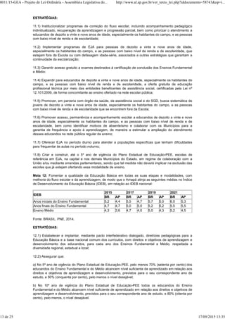 ESTRATÉGIAS:
11.1) Institucionalizar programas de correção do fluxo escolar, incluindo acompanhamento pedagógico
individualizado, recuperação da aprendizagem e progressão parcial, bem como priorizar o atendimento a
educandos de dezoito a vinte e nove anos de idade, especialmente os habitantes do campo, e as pessoas
com baixo nível de renda e de escolaridade;
11.2) Implementar programas de EJA para pessoas de dezoito a vinte e nove anos de idade,
especialmente os habitantes do campo, e as pessoas com baixo nível de renda e de escolaridade, que
estejam fora da Escola ou com defasagem idade-série, associados a outras estratégias que garantam a
continuidade da escolarização;
11.3) Garantir acesso gratuito a exames destinados à certificação de conclusão dos Ensinos Fundamental
e Médio;
11.4) Expandir para educandos de dezoito a vinte e nove anos de idade, especialmente os habitantes do
campo, e as pessoas com baixo nível de renda e de escolaridade, a oferta gratuita de educação
profissional técnica por meio das entidades beneficentes de assistência social, certificadas pela Lei nº
12.101/2009, de forma concomitante ao ensino ofertado na rede escolar pública;
11.5) Promover, em parceria com órgão da saúde, da assistência social e do SGD, busca sistemática de
jovens de dezoito a vinte e nove anos de idade, especialmente os habitantes do campo, e as pessoas
com baixo nível de renda e de escolaridade que se encontrem fora da Escola;
11.6) Promover acesso, permanência e acompanhamento escolar a educandos de dezoito a vinte e nove
anos de idade, especialmente os habitantes do campo, e as pessoas com baixo nível de renda e de
escolaridade, bem como identificar motivos de absenteísmo e colaborar com os Municípios para a
garantia de frequência e apoio à aprendizagem, de maneira a estimular a ampliação do atendimento
desses educandos na rede pública regular de ensino;
11.7) Oferecer EJA no período diurno para atender a populações específicas que tenham dificuldades
para frequentar às aulas no período noturno;
11.8) Criar e construir, até o 5º ano de vigência do Plano Estadual de Educação-PEE, escolas de
referência em EJA, na capital e nos demais Municípios do Estado, em regime de colaboração com a
União e/ou mediante emendas parlamentares, sendo que tal medida não deverá implicar na exclusão das
escolas que já estejam ofertando essa modalidade de ensino.
Meta 12: Fomentar a qualidade da Educação Básica em todas as suas etapas e modalidades, com
melhoria do fluxo escolar e da aprendizagem, de modo que o Amapá atinja as seguintes médias no Índice
de Desenvolvimento da Educação Básica (IDEB), em relação ao IDEB nacional:
IDEB
2015 2017 2019 2021
BR AP BR AP BR AP BR AP
Anos iniciais do Ensino Fundamental 5,2 4,4 5,5 4,7 5,7 5,0 6,0 5,3
Anos finais do Ensino Fundamental 4,7 4,7 5,0 5,0 5,2 5,2 5,5 5,5
Ensino Médio 4,3 3,6 4,7 4,0 5,0 4,3 5,2 4,5
Fonte: BRASIL. PNE, 2014.
ESTRATÉGIAS:
12.1) Estabelecer e implantar, mediante pacto interfederativo dialogado, diretrizes pedagógicas para a
Educação Básica e a base nacional comum dos currículos, com direitos e objetivos de aprendizagem e
desenvolvimento dos educandos, para cada ano dos Ensinos Fundamental e Médio, respeitada a
diversidade regional, estadual e local;
12.2) Assegurar que:
a) No 5º ano de vigência do Plano Estadual de Educação-PEE, pelo menos 70% (setenta por cento) dos
educandos do Ensino Fundamental e do Médio alcancem nível suficiente de aprendizado em relação aos
direitos e objetivos de aprendizagem e desenvolvimento, previstos para o seu correspondente ano de
estudo, e 50% (cinquenta por cento), pelo menos o nível desejável;
b) No 10º ano de vigência do Plano Estadual de Educação-PEE todos os educandos do Ensino
Fundamental e do Médio alcancem nível suficiente de aprendizado em relação aos direitos e objetivos de
aprendizagem e desenvolvimento, previstos para o seu correspondente ano de estudo, e 80% (oitenta por
cento), pelo menos, o nível desejável.
0011/15-GEA - Projeto de Lei Ordinária - Assembleia Legislativa do... http://www.al.ap.gov.br/ver_texto_lei.php?iddocumento=58743&op=i...
13 de 25 17/09/2015 13:35
 