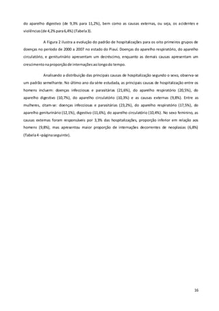 16
do aparelho digestivo (de 9,3% para 11,2%), bem como as causas externas, ou seja, os acidentes e
violências(de 4,2%para6,4%) (Tabela3).
A Figura 2 ilustra a evolução do padrão de hospitalizações para os oito primeiros grupos de
doenças no período de 2000 a 2007 no estado do Piauí. Doenças do aparelho respiratório, do aparelho
circulatório, e geniturinário apresentam um decréscimo, enquanto as demais causas apresentam um
crescimentonaproporçãode internaçõesaolongodo tempo.
Analisando a distribuição das principais causas de hospitalização segundo o sexo, observa-se
um padrão semelhante. No último ano da série estudada, as principais causas de hospitalização entre os
homens incluem: doenças infecciosas e parasitárias (21,6%), do aparelho respiratório (20,5%), do
aparelho digestivo (10,7%), do aparelho circulatório (10,3%) e as causas externas (9,8%). Entre as
mulheres, citam-se: doenças infecciosas e parasitárias (23,2%), do aparelho respiratório (17,5%), do
aparelho geniturinário (12,1%), digestivo (11,6%), do aparelho circulatório (10,4%). No sexo feminino, as
causas externas foram responsáveis por 3,3% das hospitalizações, proporção inferior em relação aos
homens (9,8%), mas apresentou maior proporção de internações decorrentes de neoplasias (6,8%)
(Tabela4 –páginaseguinte).
 