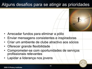 Arrecadar fundos para eliminar a pólio Enviar mensagens consistentes e inspiradoras Criar um ambiente de clube atractivo aos sócios Oferecer grande flexibilidade Comprometer-se com oportunidades de serviços profissionais relevantes Lapidar a liderança nos jovens Alguns desafios para se atingir as prioridades 