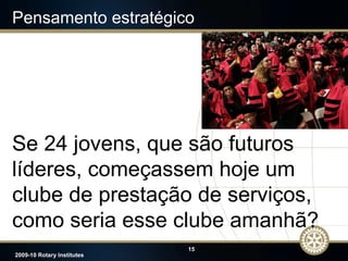 Pensamento estratégico Se 24 jovens,   que são   futuros líderes, começassem hoje um clube de prestação de serviços, como seria esse clube amanhã? 