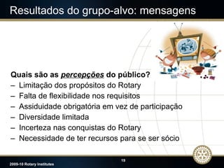Resultados do grupo-alvo: mensagens Quais são as  percepções   do público?  Limitação dos propósitos do Rotary Falta de flexibilidade nos requisitos Assiduidade obrigatória em vez de participação Diversidade limitada Incerteza nas conquistas do Rotary Necessidade de ter recursos para se ser sócio JTO 