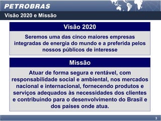 Visão 2020 e Missão

                      Visão 2020
       Seremos uma das cinco maiores empresas
   integradas de energia do mundo e a preferida pelos
              nossos públicos de interesse

                       Missão
         Atuar de forma segura e rentável, com
  responsabilidade social e ambiental, nos mercados
    nacional e internacional, fornecendo produtos e
   serviços adequados às necessidades dos clientes
   e contribuindo para o desenvolvimento do Brasil e
                 dos países onde atua.

                                                        3
 