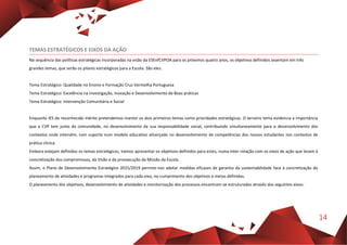 14
TEMAS ESTRATÉGICOS E EIXOS DA AÇÃO
Na sequência das políticas estratégicas incorporadas na visão da ESEnfCVPOA para os próximos quatro anos, os objetivos definidos assentam em três
grandes temas, que serão os pilares estratégicos para a Escola. São eles:
Tema Estratégico: Qualidade no Ensino e Formação Cruz Vermelha Portuguesa
Tema Estratégico: Excelência na Investigação, Inovação e Desenvolvimento de Boas práticas
Tema Estratégico: Intervenção Comunitária e Social
Enquanto IES de reconhecido mérito pretendemos manter os dois primeiros temas como prioridades estratégicas. O terceiro tema evidencia a importância
que a CVP tem junto da comunidade, no desenvolvimento da sua responsabilidade social, contribuindo simultaneamente para o desenvolvimento dos
contextos onde intervêm, com suporte num modelo educativo alicerçado no desenvolvimento de competências dos nossos estudantes nos contextos de
prática clínica.
Embora estejam definidos os temas estratégicos, iremos apresentar os objetivos definidos para estes, numa inter-relação com os eixos de ação que levam à
concretização dos compromissos, da Visão e da prossecução da Missão da Escola.
Assim, o Plano de Desenvolvimento Estratégico 2015/2019 permite-nos adotar medidas eficazes de garantia da sustentabilidade face à concretização do
planeamento de atividades e programas integrados para cada eixo, no cumprimento dos objetivos e metas definidas.
O planeamento dos objetivos, desenvolvimento de atividades e monitorização dos processos encontram-se estruturados através dos seguintes eixos:
 
