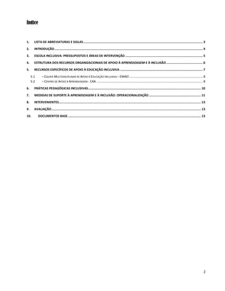 2
Índice
1. LISTA DE ABREVIATURAS E SIGLAS................................................................................................................................... 3
2. INTRODUÇÃO................................................................................................................................................................... 4
3. ESCOLA INCLUSIVA: PRESSUPOSTOS E ÁREAS DE INTERVENÇÃO ..................................................................................... 5
4. ESTRUTURA DOS RECURSOS ORGANIZACIONAIS DE APOIO À APRENDIZAGEM E À INCLUSÃO........................................ 6
5. RECURSOS ESPECÍFICOS DE APOIO À EDUCAÇÃO INCLUSIVA ........................................................................................... 7
5.1 – EQUIPA MULTIDISCIPLINAR DE APOIO À EDUCAÇÃO INCLUSIVA – EMAEI .................................................................................... 8
5.2 – CENTRO DE APOIO À APRENDIZAGEM - CAA .......................................................................................................................... 8
6. PRÁTICAS PEDAGÓGICAS INCLUSIVAS............................................................................................................................ 10
7. MEDIDAS DE SUPORTE À APRENDIZAGEM E À INCLUSÃO: OPERACIONALIZAÇÃO ......................................................... 11
8. INTERVENIENTES............................................................................................................................................................ 13
9. AVALIAÇÃO.................................................................................................................................................................... 13
10. DOCUMENTOS BASE.................................................................................................................................................. 13
 