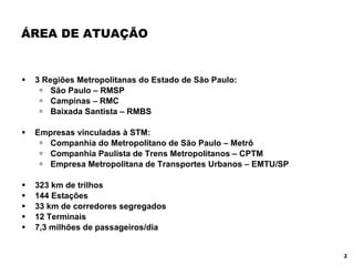 3 Regiões Metropolitanas do Estado de São Paulo: São Paulo – RMSP Campinas – RMC Baixada Santista – RMBS Empresas vinculadas à STM: Companhia do Metropolitano de São Paulo – Metrô Companhia Paulista de Trens Metropolitanos – CPTM Empresa Metropolitana de Transportes Urbanos – EMTU/SP 323 km de trilhos  144 Estações  33 km de corredores segregados  12 Terminais 7,3 milhões de passageiros/dia ÁREA DE ATUAÇÃO 