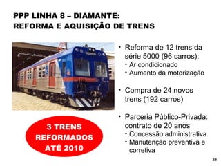 PPP LINHA 8 – DIAMANTE:  REFORMA E AQUISIÇÃO DE TRENS  3 TRENS REFORMADOS ATÉ 2010 Reforma de 12 trens da série 5000 (96 carros): Ar condicionado Aumento da motorização Compra de 24 novos  trens (192 carros) Parceria Público-Privada: contrato de 20 anos Concessão administrativa Manutenção preventiva e corretiva 