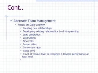 Cont.. Alternate Team Management Focus on Daily activity Creating new relationships Developing existing relationships by driving earning Lead generation Cold Calling New Calls Funnel ration Conversion ratio. Value drive R n R at various level to recognize & Reward performance at local level 