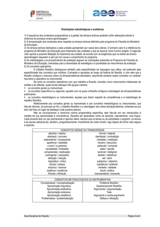 Área Disciplinar de Filosofia Página 5 de 5
Orientações metodológicas e avaliativas
1) A sequência dos conteúdos programáticos e a gestão dos tempos lectivos poderão sofrer alterações devido à
dinâmica do processo ensino-aprendizagem.
2) A temporização dos conteúdos deve respeitar os tempos lectivos definidos pelo programa de Filosofia do Ministério
de Educação.
3) Os tempos lectivos dedicados a cada unidade apresentam por vezes dois valores. O primeiro valor é a referência do
programa do Ministério da Educação para tratamento das unidades e que se assume como mínimo exigido. O segundo
valor aponta a possível dilatação do tratamento da unidade, de acordo com as exigências que os estilos de ensino-
aprendizagem requerem e sem por em causa o cumprimento do programa.
4) As metodologias e os procedimentos de avaliação seguem as orientações presentes no Programa de Filosofia do
Ministério de Educação, orientadas para a diversidade de estratégias e a pluralidade de instrumentos de avaliação.
5) Os conceitos operatórios
O trabalho filosófico distingue-se também pela especificidade da linguagem que utiliza, em particular pela
especificidade dos conceitos que mobiliza. Cunhados e apurados ao longo da história da filosofia, é com eles que a
filosofia configura o discurso sobre os temas/problemas abordados, assumindo portanto esses conceitos um carácter
heurístico e operatório ou instrumental.
De entre os conceitos operatórios com que trabalha a filosofia, tomados como instrumentos intelectuais de
análise e de reflexão, poder-se-ão distinguir três grupos maiores:
 os conceitos gerais ou transversais.
 os conceitos específicos ou regionais, aqueles com os quais a filosofia configura a abordagem de temas/problemas
particulares.
 os conceitos metodológicos ou instrumentais, aqueles que dizem respeito às competências e à metodologia do
trabalho filosófico.
Relativamente aos conceitos gerais ou transversais e aos conceitos metodológicos ou instrumentais, que
hão-de informar, do princípio ao fim, o trabalho filosófico e a abordagem dos vários temas/problemas, entendeu-se por
bem dar-lhes um lugar de destaque (vide quadros abaixo).
Não se circunscrevem a nenhuma rubrica programática específica; eles hão-de sim ser introduzidos à
medida da sua oportunidade e conveniência. Deverão ser aprendidos como se aprende, naturalmente, uma língua.
Cada docente fará um uso permanente e rigoroso deles, sempre que os temas ou as actividades o exigirem; os alunos
e as alunas utilizá-los-ão, também, progressivamente: inicialmente de modo incerto, logo depois de forma mais segura
e explícita.
CONCEITOS GERAIS OU TRANSVERSAIS
absoluto / relativo
abstracto / concreto
antecedente / consequente
aparência / realidade
a priori / a posteriori
causalidade / finalidade
compreensão / explicação
contingente / necessário
dedução / indução
dogmático / crítico
dúvida / certeza
empírico / racional
essência / existência
finitude / infinitude
formal / material
identidade / contradição
imediatez / mediação
intuitivo / discursivo
particular / universal
saber / opinião
sensível / inteligível
sentido / referência
ser / devir
subjectivo / objectivo
substância / acidente
verdade / validade
teoria / prática
transcendente / imanente
CONCEITOS METODOLÓGICOS OU INSTRUMENTAIS
Conceptualizar / conceptualização
Aproximação linguística
Aproximação predicativa
Aproximação extensiva
Aproximação metafórica
Problematizar / problematização
Problema filosófico
Questionamento filosófico
Argumentar / argumentação
Tese
Argumento e contra-argumento
Defesa e refutação
 