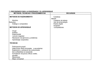 7. PRECISIONES PARA LA ENSEÑANZA Y EL APRENDIZAJE
MÉTODOS, TECNICAS Y PROCEDIMIENTOS RECURSOS
METODOS DE RAZONAMIENTO
Inductivo
Deductivo
Análogo o comparativo
METODOS DE APRENDIZAJE
Visual
Auditivo
Experimental
Lección magistral
Resolución de ejercicios y problemas
Aprendizaje cooperativo
TÉCNICAS
Participación grupal
Seleccionar ideas principales y secundarias
Exploración y activación de conocimiento
Dar confiabilidad al estudiante
Formulación de juicios críticos orales.
Apuntes
Resúmenes
Mapa conceptual
Cartulinas
Internet
Cuaderno de trabajo
Uso de la tecnología
Pizarra digital
Proyector
Computadoras
 