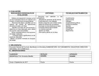8. EVALUACION
INDICADORES ESENCIALES DE
EVALUACION
CRITERIOS TECNICAS E INSTRUMENTOS
Refiere una exposición o ensayo con el
uso de vocabulario técnico en relación con
el texto y la estructura correspondiente.
Reconoce las ideas y aquellas que se
refieren del módulo de aplicaciones
ofimáticas locales y en línea
Identifica los tipos de comunicación y
determina el más adecuado para utilizar
de acuerdo a las necesidades.
Actúa acertadamente en las reuniones
de trabajo realizadas.
Consigue logros significativos en las
prácticas realizadas
Motiva y se siente motivado en el equipo
de trabajo.
Escucha con atención a los
compañeros.
Respeta las opiniones de los demás.
Presta atención a los diálogos
Realiza preguntas para aclarar dudas
Valora los temas que se analizan
Concluye con las prácticas en clase
Comenta sobre el tema tratado
Le interesa aprender
Aporta con ideas
Demuestra valores en la clase.
Cuestionarios
Exposiciones
Diálogos
Organizadores gráficos
Rueda de atributos
Apuntes
Investigación
Esquemas
Argumentos
9. BIBLIOGRAFIA
10.- OBSERVACIONES
ELABORADO REVISADO APROBADO
DOCENTE(S): Prof. Armando Martillo NOMBRE: NOMBRE
Fecha: 4 Septiembre de 2017 Fecha: Fecha:
Enunciado General del Currículo, Bachillerato en Informática SUBSECRETARÍA DE FUNDAMENTOS EDUCATIVOS DIRECCIÓN
NACIONAL DE CURRÍCULO
 